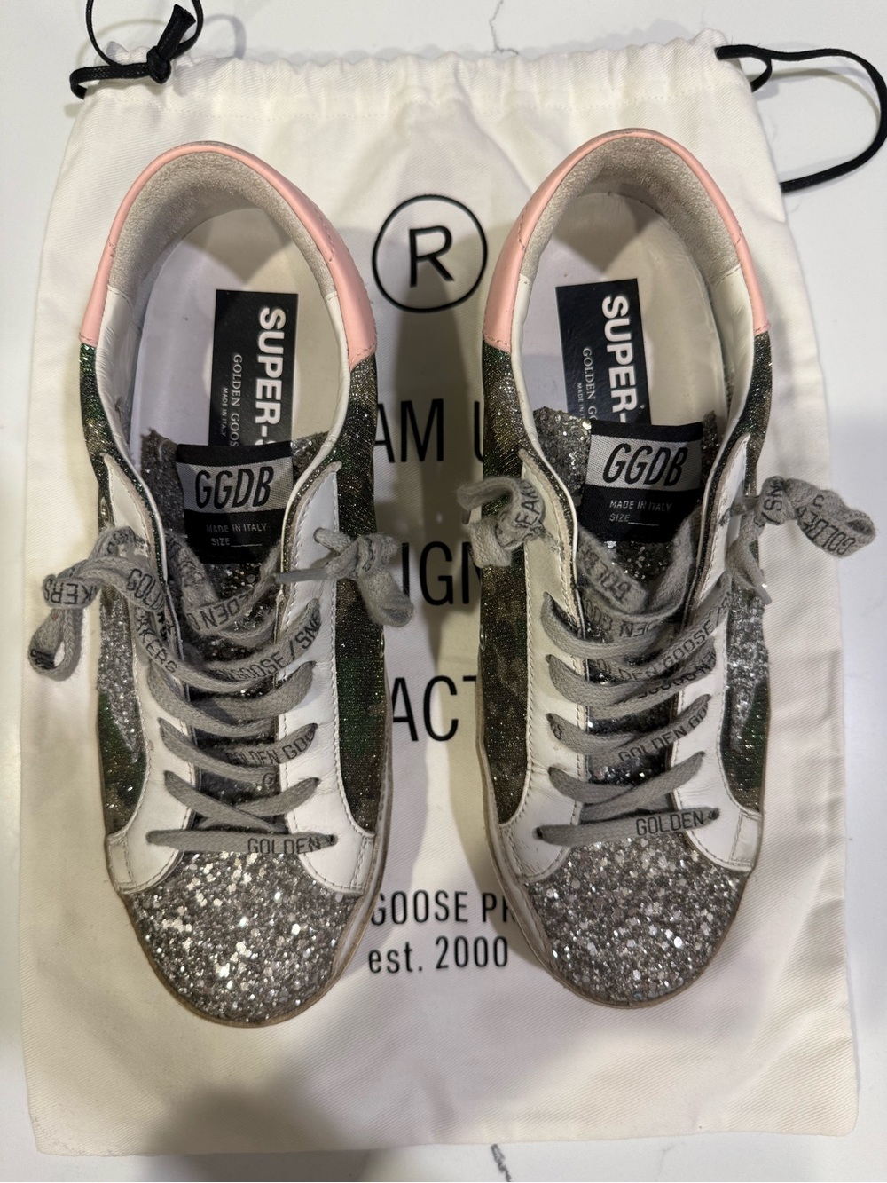 Golden Goose Glitter Silver Sneakers with Pink Heel Tab - Picture 1 of 9